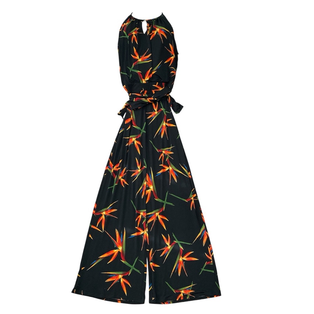 Tahari Birds of Paradise Floral Black Jumpsuit